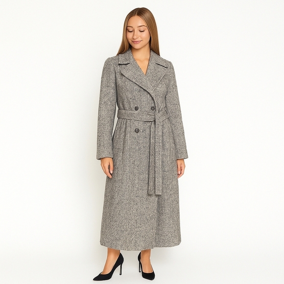 VINTAGE HERRINGBONE, Lined Wool Trench Coat, Gray/White, Womens Small - Picture 1 of 11